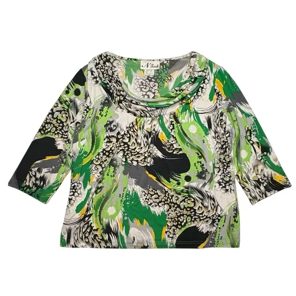 Womens Size Large Green, Yellow, Black, White Swirl Pattern Stretchy Top N Touch - Picture 2 of 14